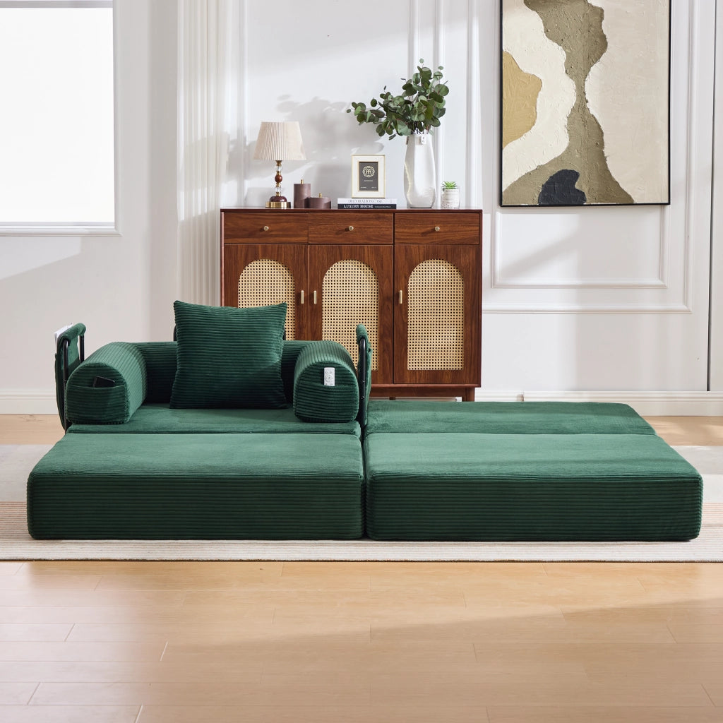 Poggiapiedi Convertibile con Funzione Letto, Struttura Modulare in Velluto Corduroy, Smeraldo