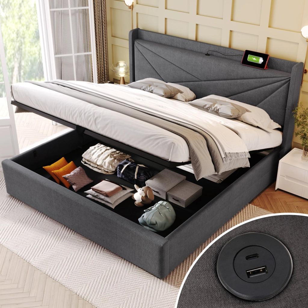 OKWISH Letto Contenitore 140×200 cm, Letto Matrimoniale con USB, Tipo C e Testiera, senza Materasso, in Tessuto Lino Cotone, Grigio
