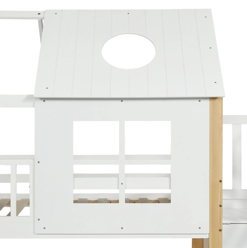 Letto a castello a casetta con scala contenitore, sponde di sicurezza e design con finestre
