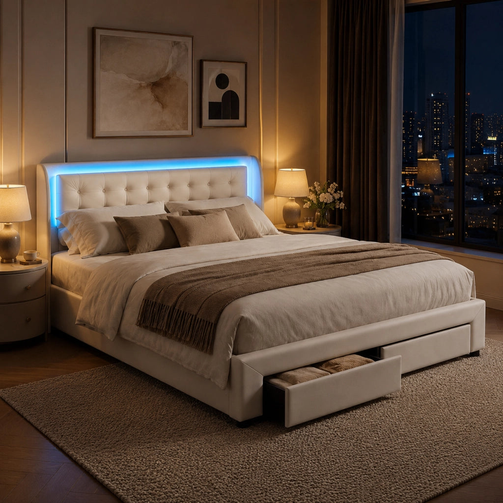 Letto matrimoniale contenitore idraulico 180x200 cm, imbottito velluto beige, testiera LED RGB telecomandata, 2 cassetti, 350kg