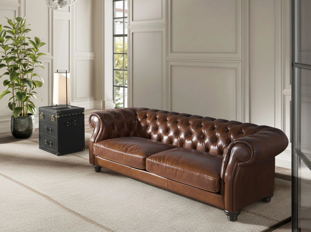 Divano chester 3 posti in pelle marrone cognac