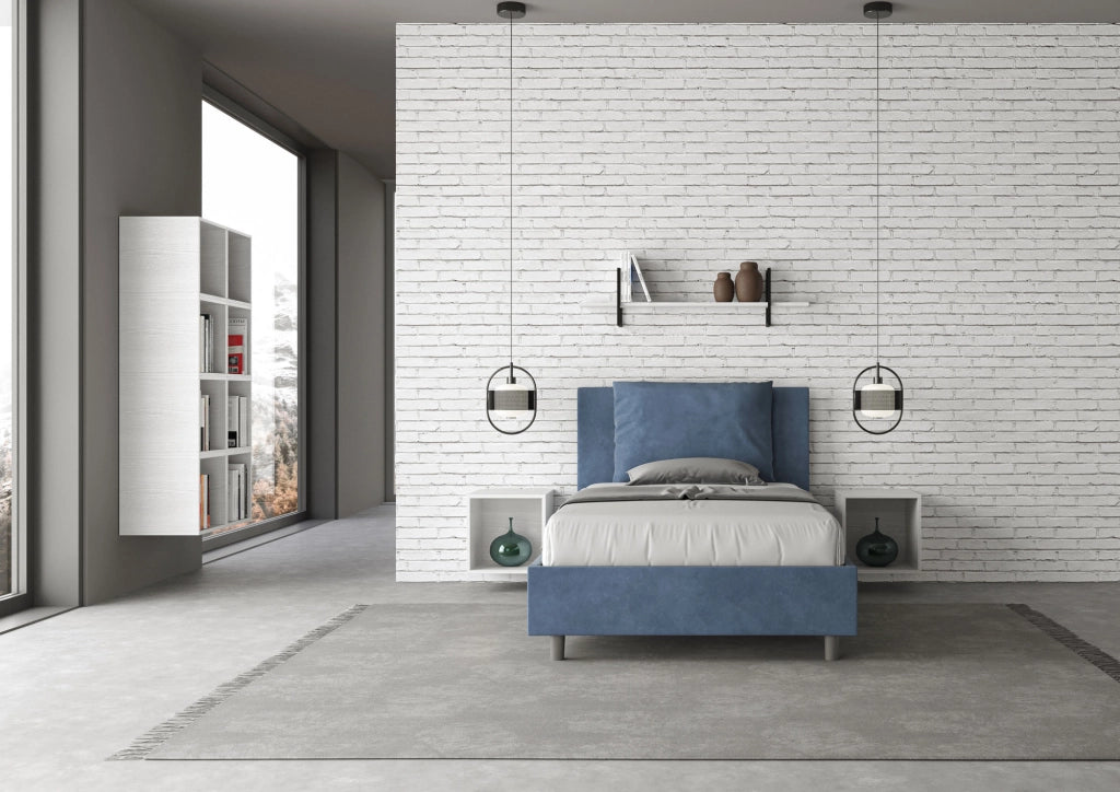 BS COM Letto singolo senza rete imbottito 100x210 microfibra blu