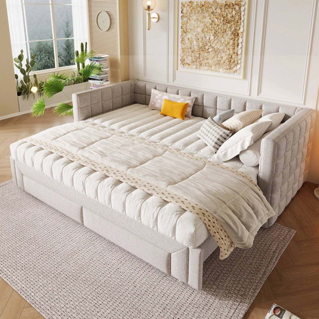 DESMIU Divano letto 90 × 200 cm 1 posto con 2 cassetti, senza materasso, in velluto beige