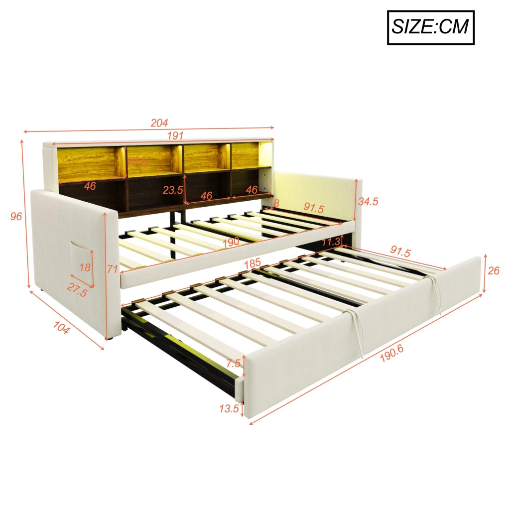 Letto Estraibile 90×190 cm Singolo con LED; USB-C e Ripiani; Estensibile 180×190 cm; senza Materasso; Beige