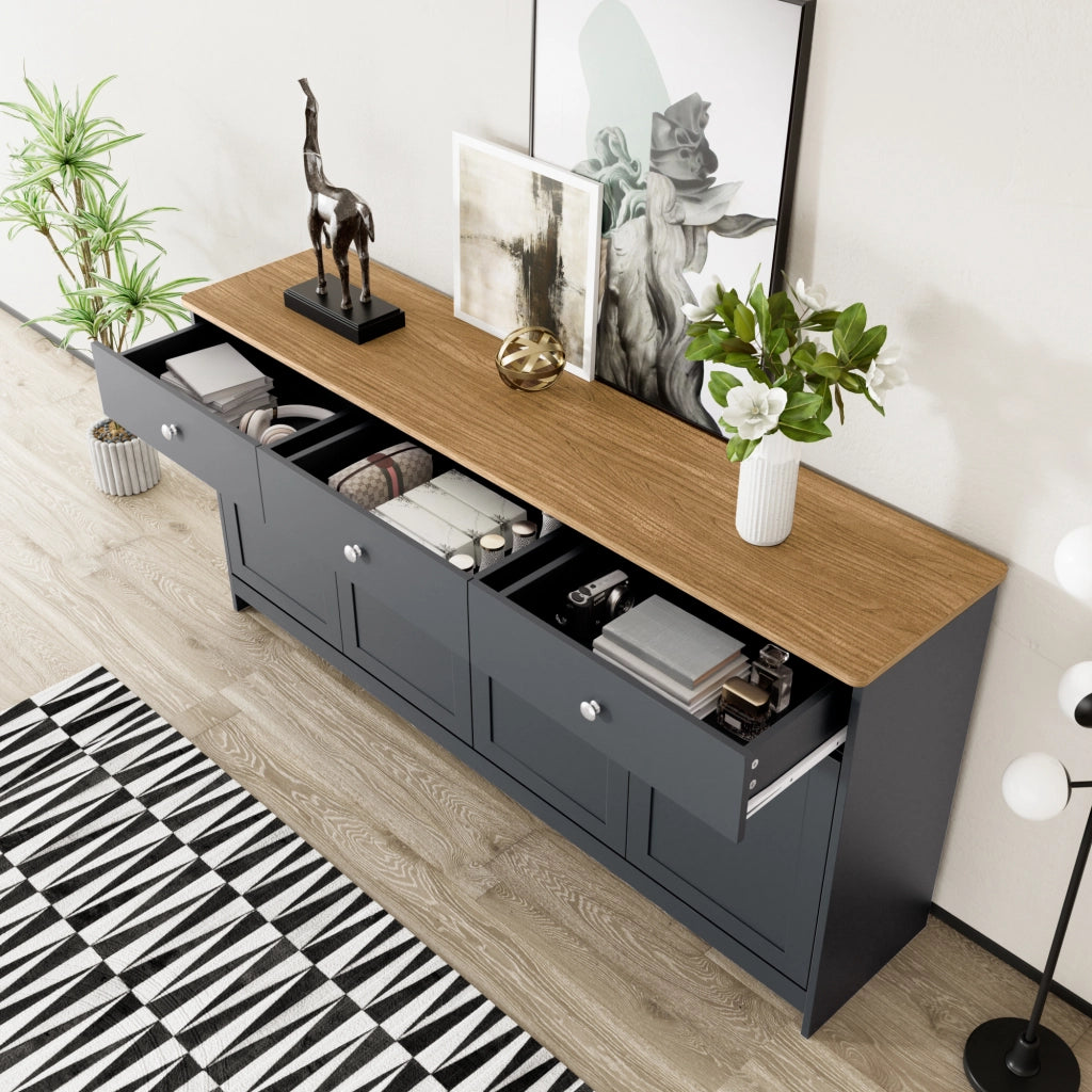 SIDEBOARD 160 cm in MDF Nero/Grigio con 3 cassetti e 4 ante