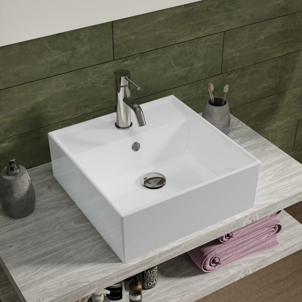 Lavabo da appoggio quadrato con troppopieno 40x40x14,5 cm Bianco