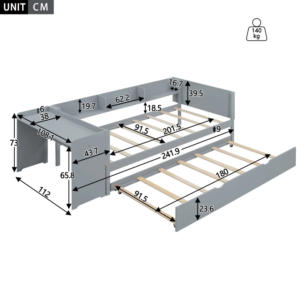 LETTO 90x200 cm con letto estraibile, scrivania e 3 ripiani laterali Grigio