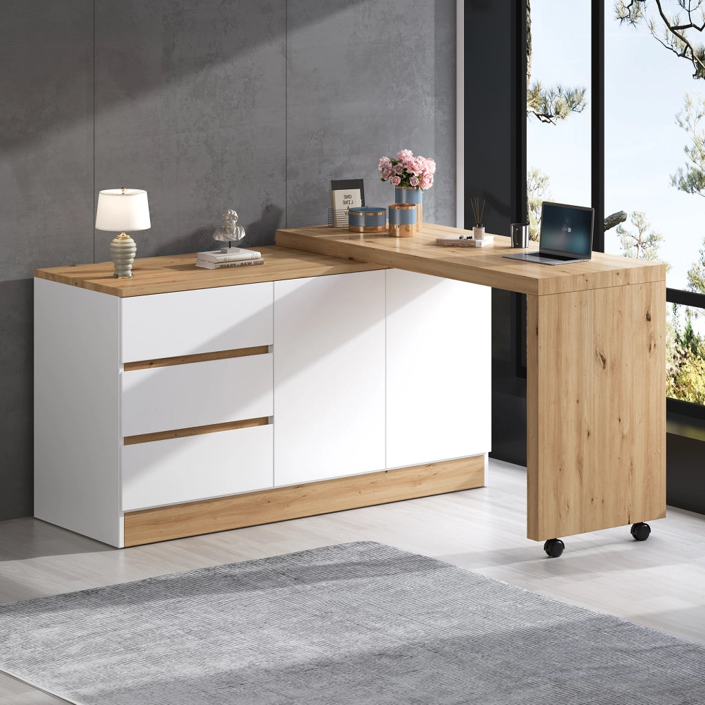 Scrivania pieghevole girevole con 2 porte e 3 cassetti, ruote frenanti, rovere e bianco, 120 × 50 × 78 cm