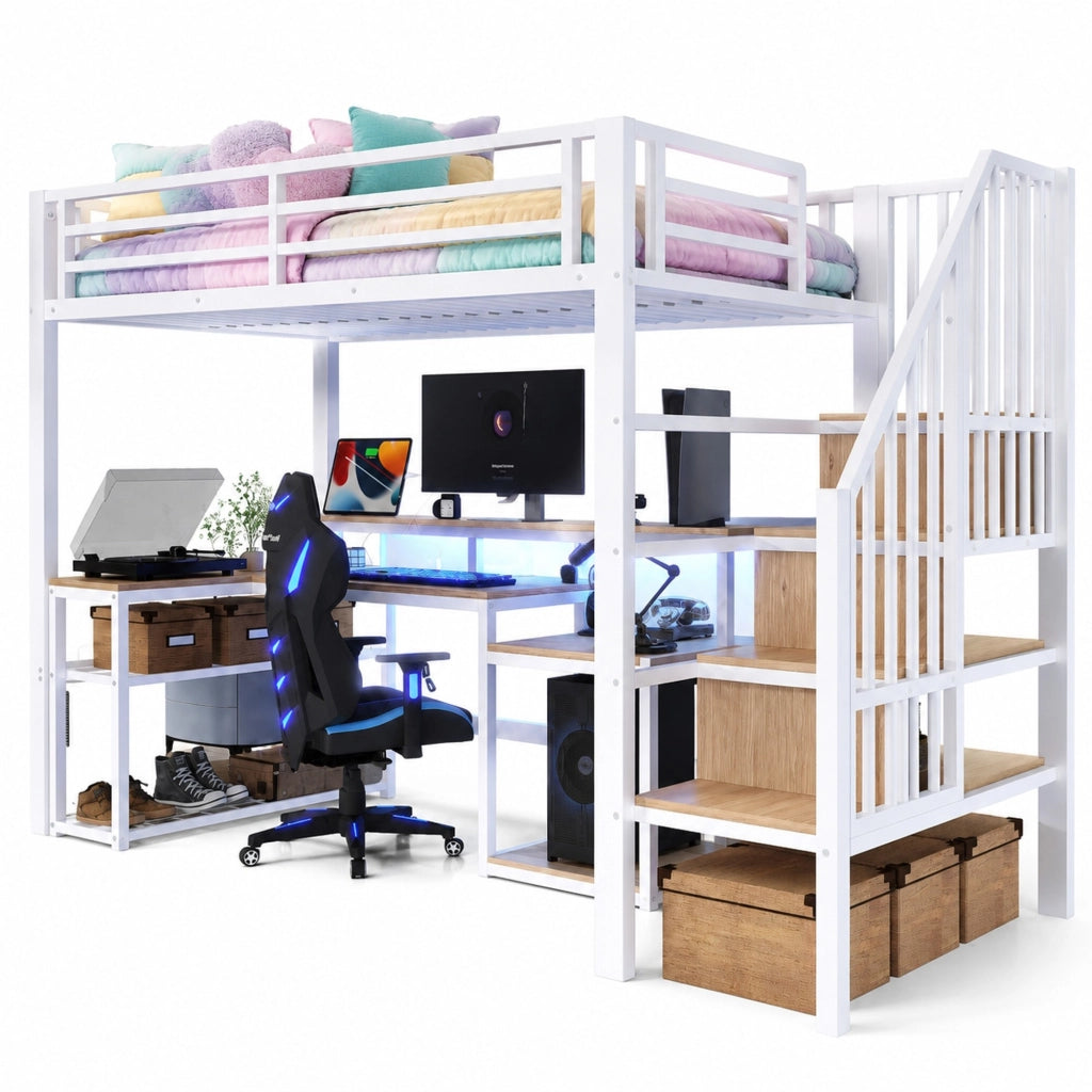 Letto a soppalco 90x200 cm con scrivania, LED e USB, struttura in metallo bianca