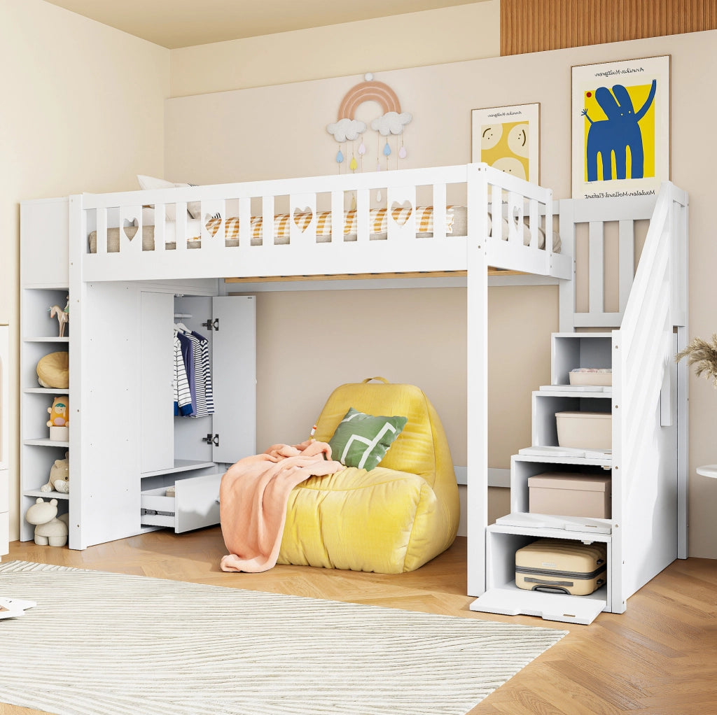 Letto a soppalco 90x200 cm con scala contenitore e vani portaoggetti, bianco