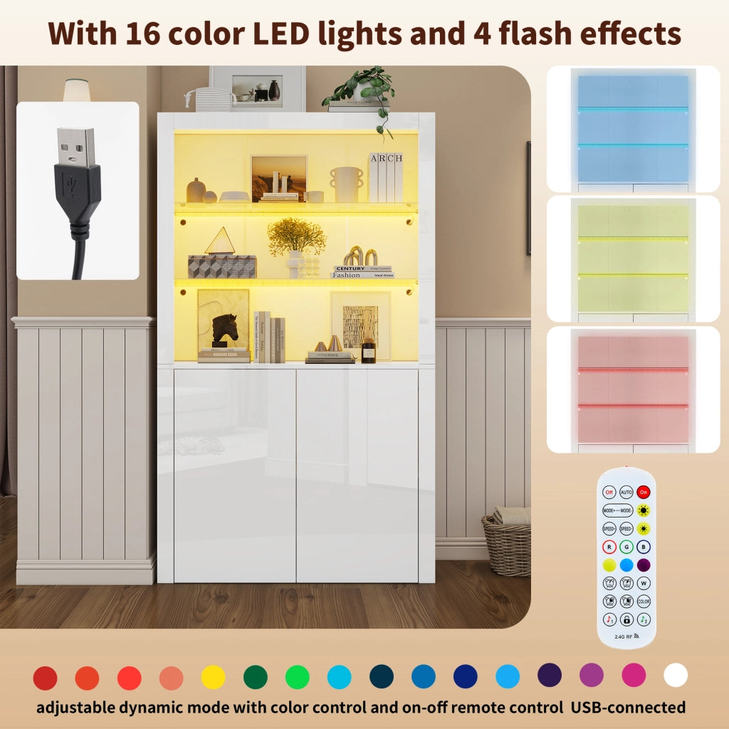 Vetrina LED con 2 ante e ripiani in vetro temperato, finitura lucida, per soggiorno, MDF bianco, 100 × 35 × 170 cm