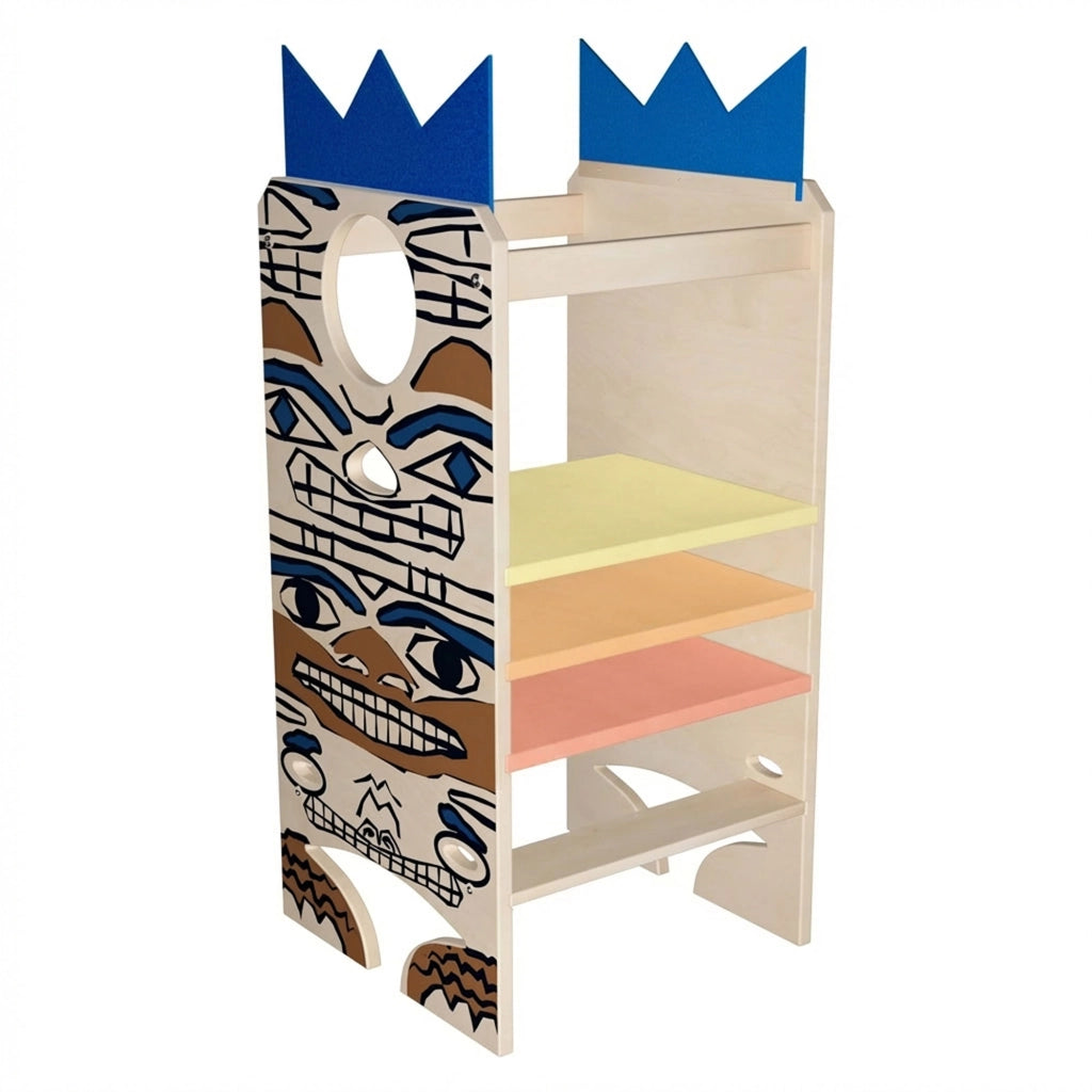 Totem - Torre Montessoriana Multifunzione 3 in 1 per Bambini da 24 Mesi 47,5x104,5x 45,5 cm con Lavagna e Canestro in Legno