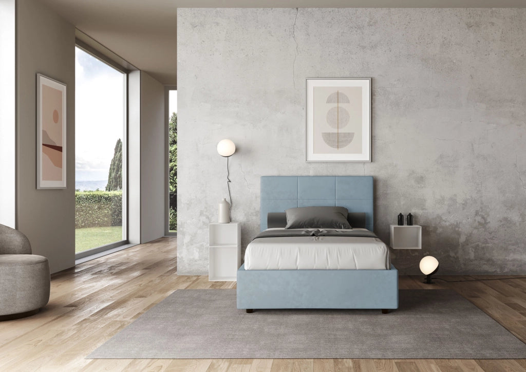 BS COM Letto una piazza e mezza con rete imbottito 120x190 microfibra azzurro