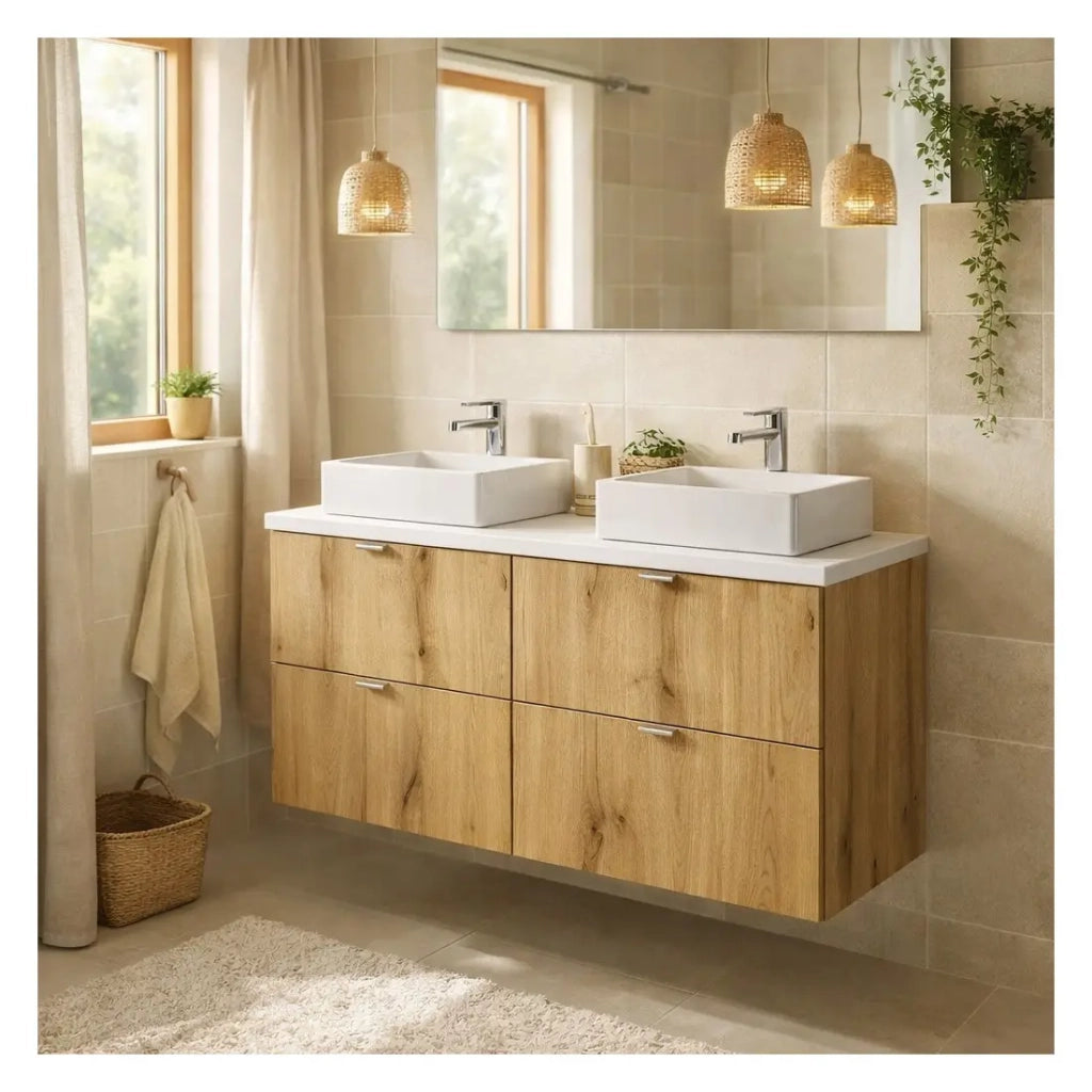 Set VANO aspetto rovere e bianco 100cm: mobile sottolavabo con cassetti + piano per lavabo + lavabi rettangolari da appoggio