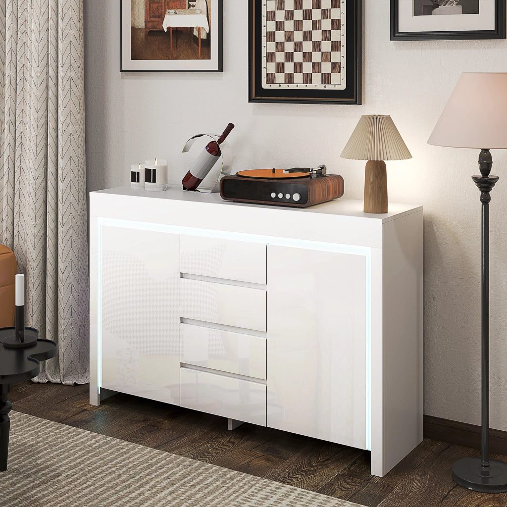 Cassettiera con Luci LED e Chiusura Morbida ¨C Minimal ¨C 120x34x80cm Bianco Lucido