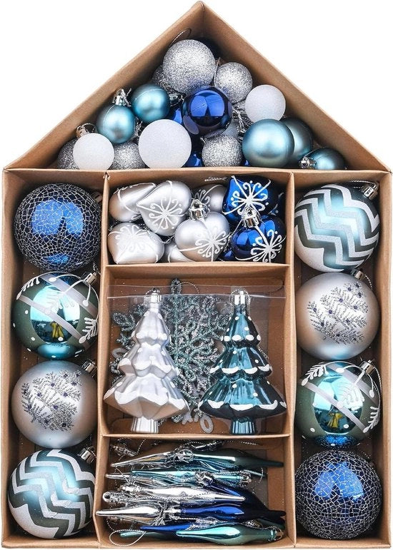 Set di Decorazioni per Albero di Natale con Tema Invernale - 70 pezzi - Argento Bianco - Decorazioni per Albero di Natale con Stella - Confezione in Carta Kraft - Scatola di Regalo