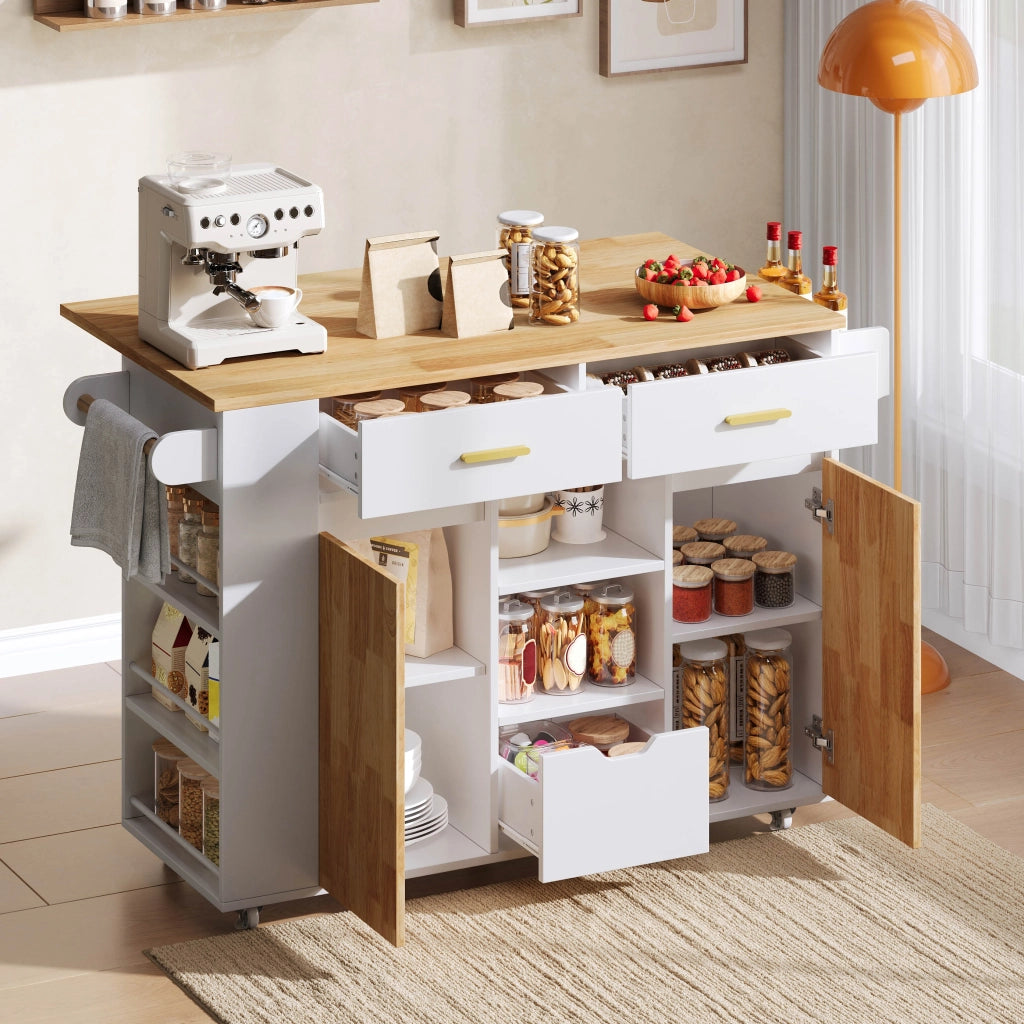 Carrello da cucina con 3 cassetti; piano ribaltabile; ripiani laterali e ruote con freno per cucina