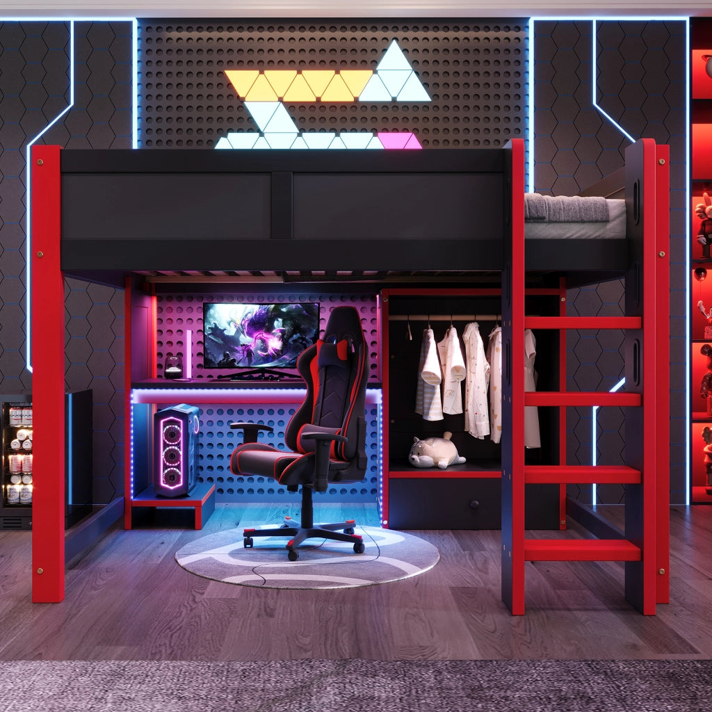DESMIU Lit mezzanine 140 × 200 cm 1 posto con scrivania, armadio, LED, senza materasso, in legno, nero e rosso