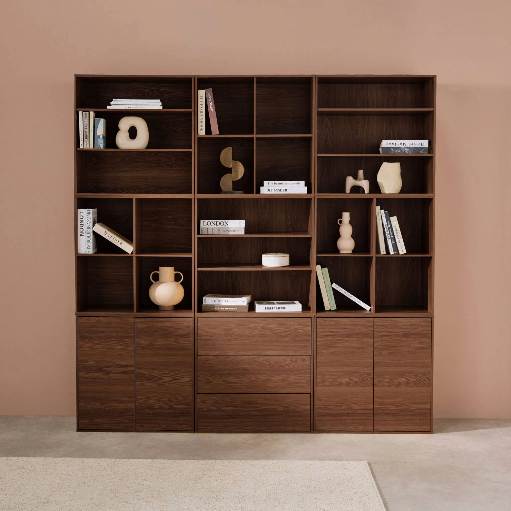 Libreria modulabile decorazione legno 9 elementi, noce