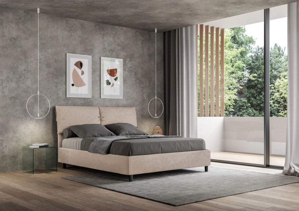 BS COM Letto matrimoniale con rete imbottito 160x200 microfibra sabbia