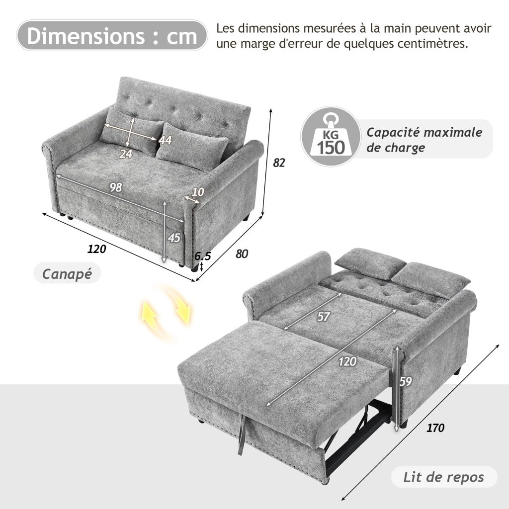 Divano letto 2 posti con schienale regolabile e cuscini in ciniglia grigio