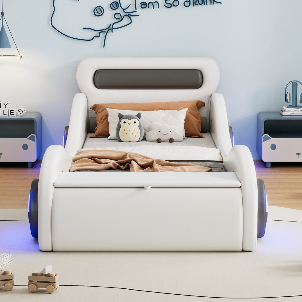 Letto Auto Imbottito per Bambini con Ruote LED e Contenitore ¨C MINIMAL ¨C PU Bianco 90x200