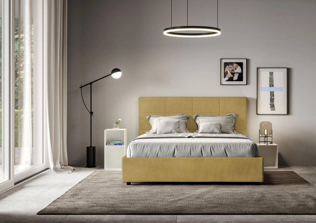 Letto queen size senza rete imbottito 150x190 microfibra blu Mika