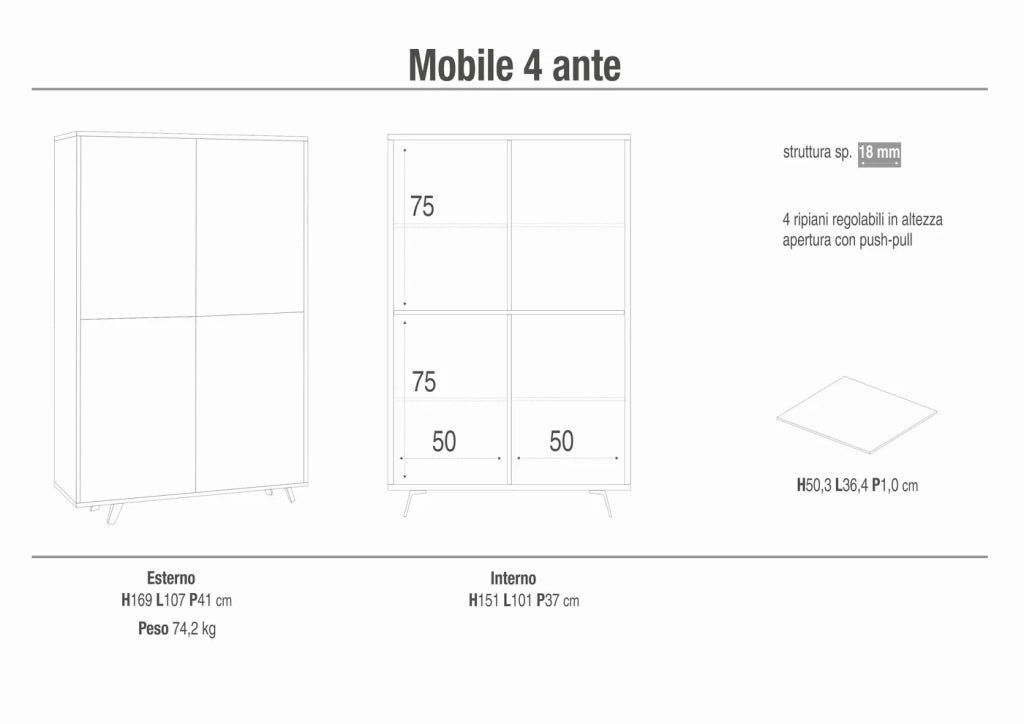 Armadio mobile 4 ante con apertura push-pull 107x41x169h cm in kit colore Ossido bianco e Bianco lucido