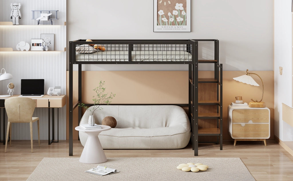 LETTO a soppalco 140x200 cm in metallo nero con scala e armadio