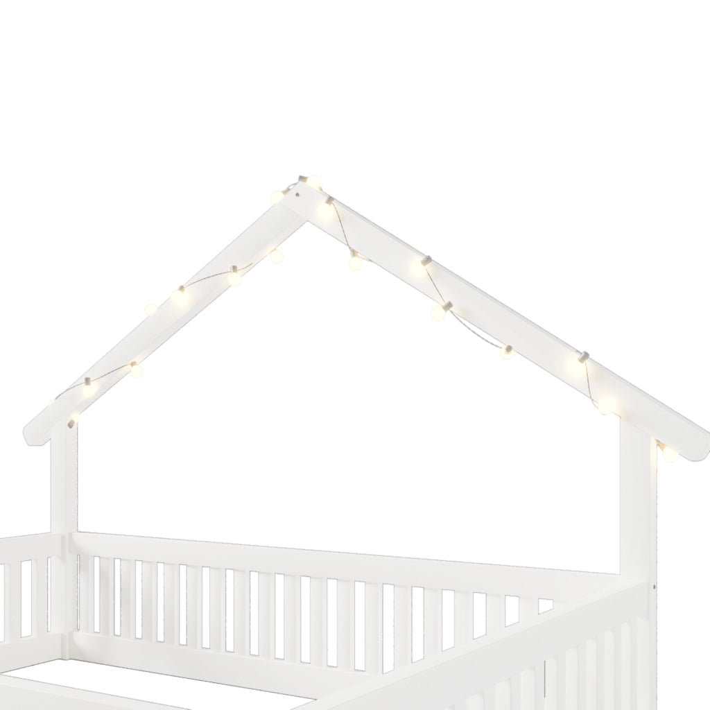 Letto a casetta 90x200 cm con parapetti di sicurezza; protezione perimetrale e ghirlanda LED; pino e MDF; bianco