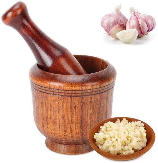Set di Mortaio e Stampatore in Legno - Ideale per Aglio e Zenzero - Legno Sostenibile - Spezie - Utile da Utilizzare - Adatto per la Cucina