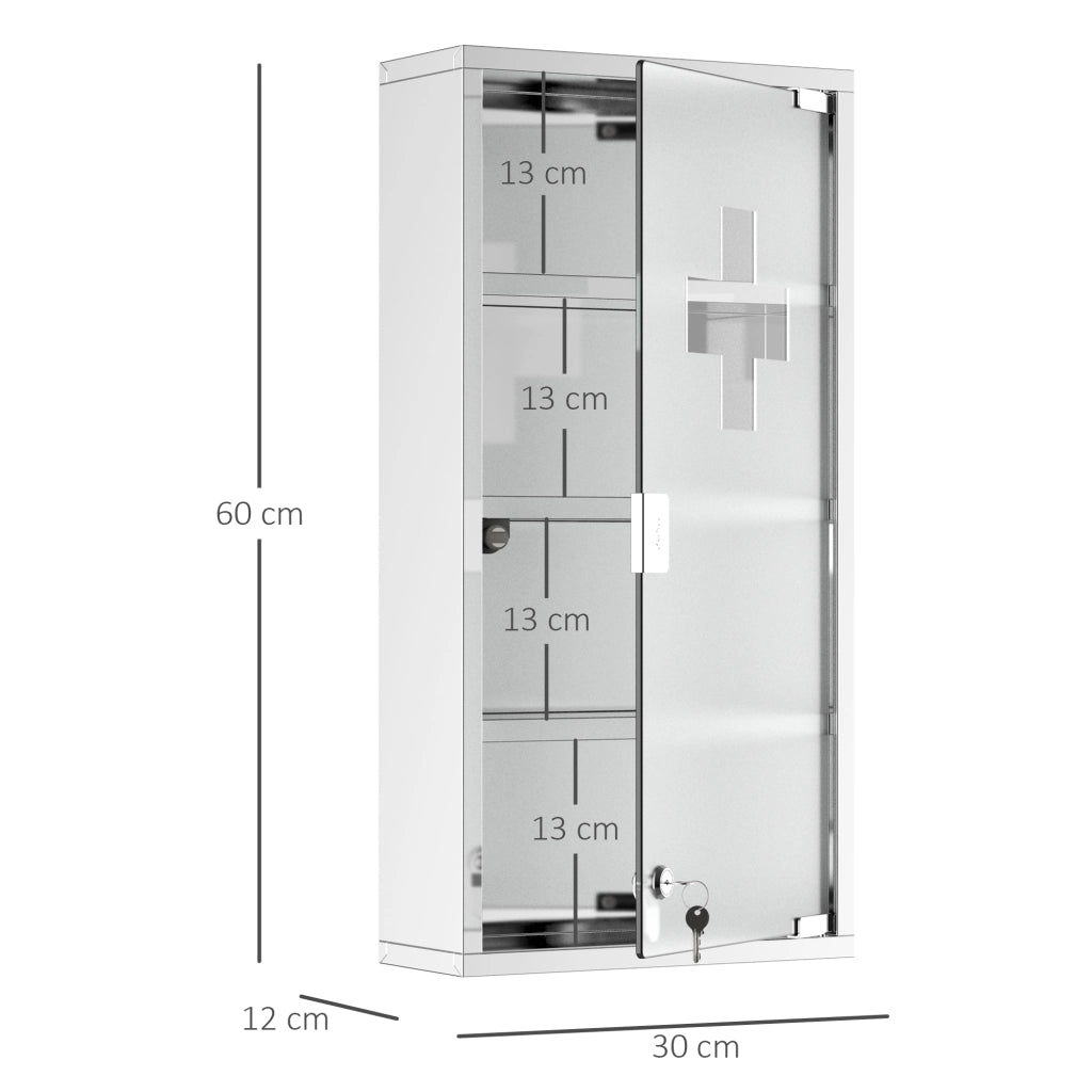 Mobile bagno con anta in vetro satinato; serratura e croce primo soccorso in acciaio inox per bagno; 30×12×60 cm