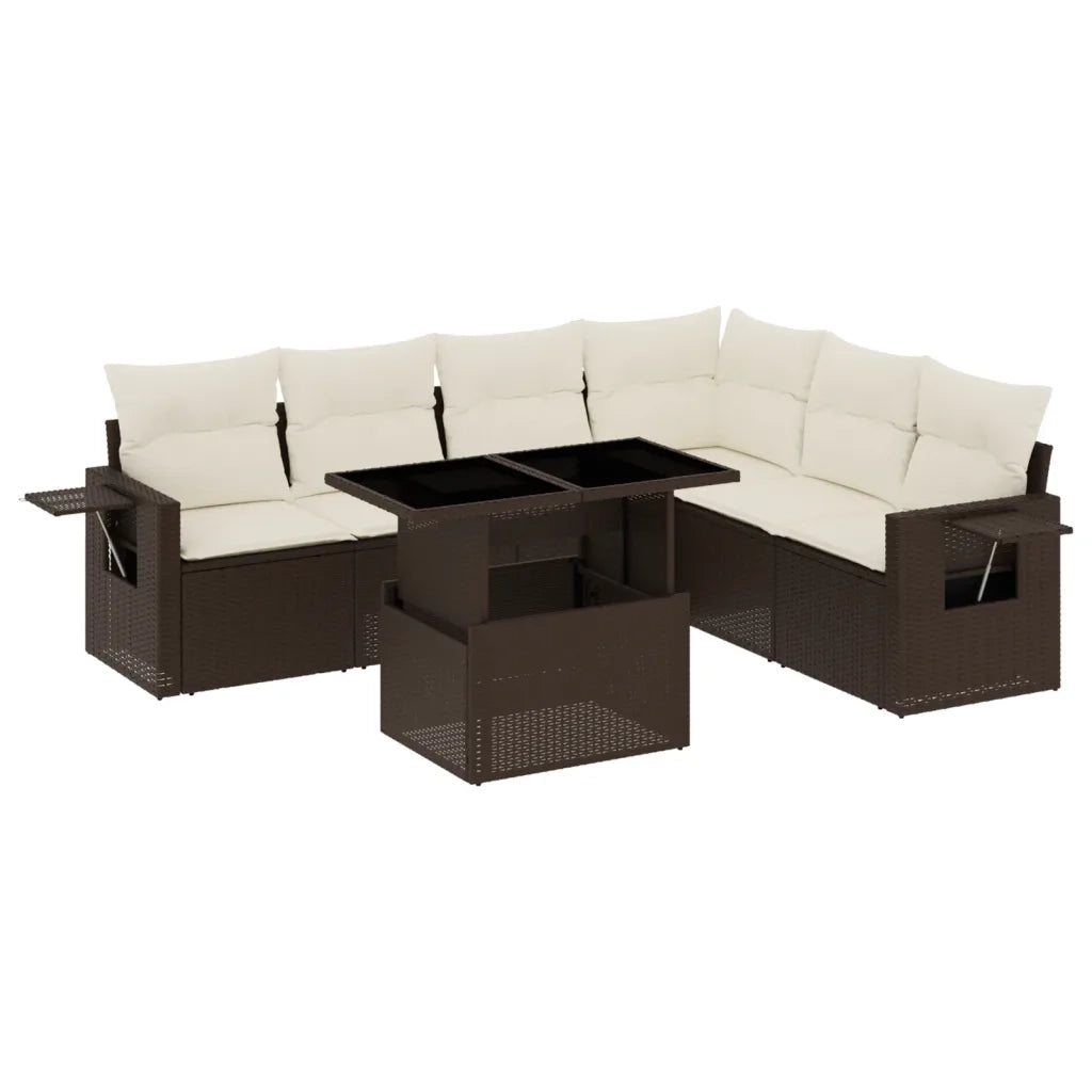 Set Divani da Giardino 7 pz con Cuscini Marrone in Polyrattan