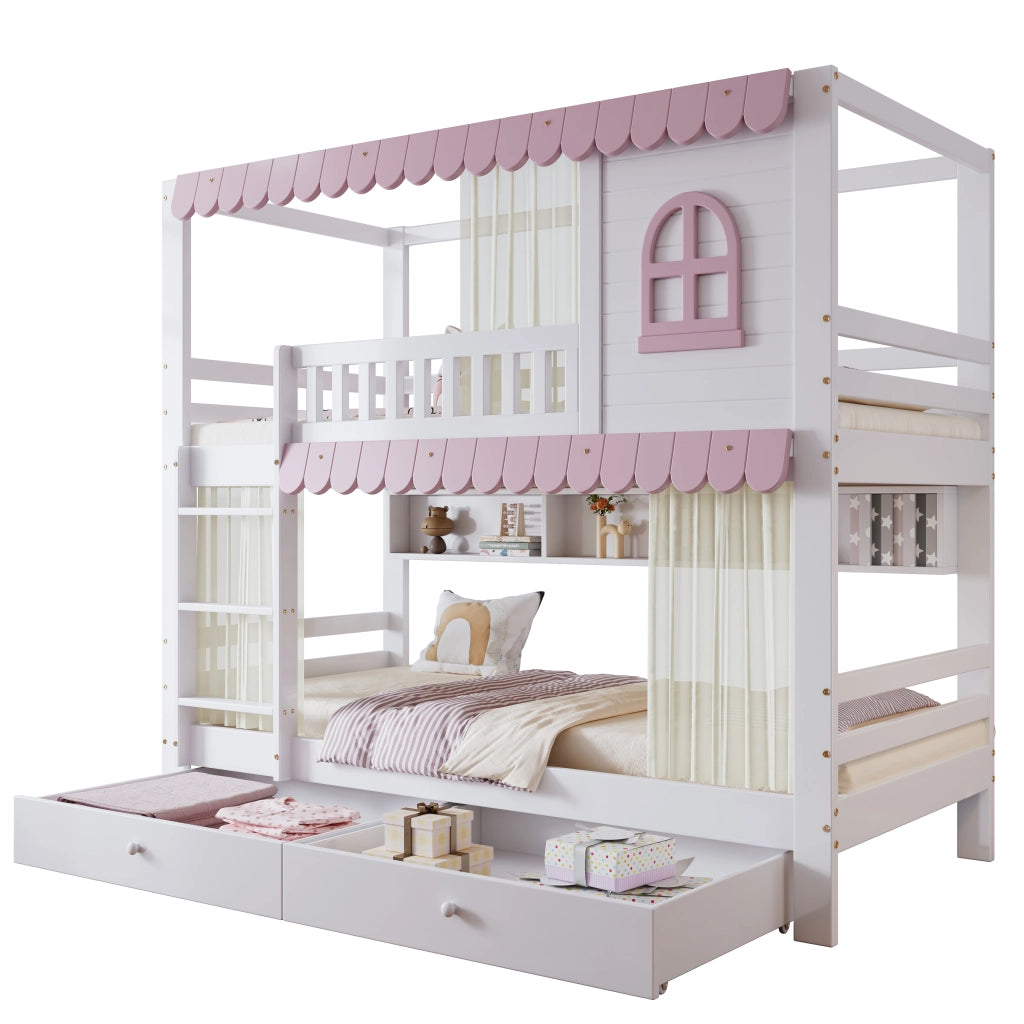 Letto a Castello 90x200 cm; 2 Posti; con Cassetti; Mensole e Scala; in Legno; Bianco Rosa