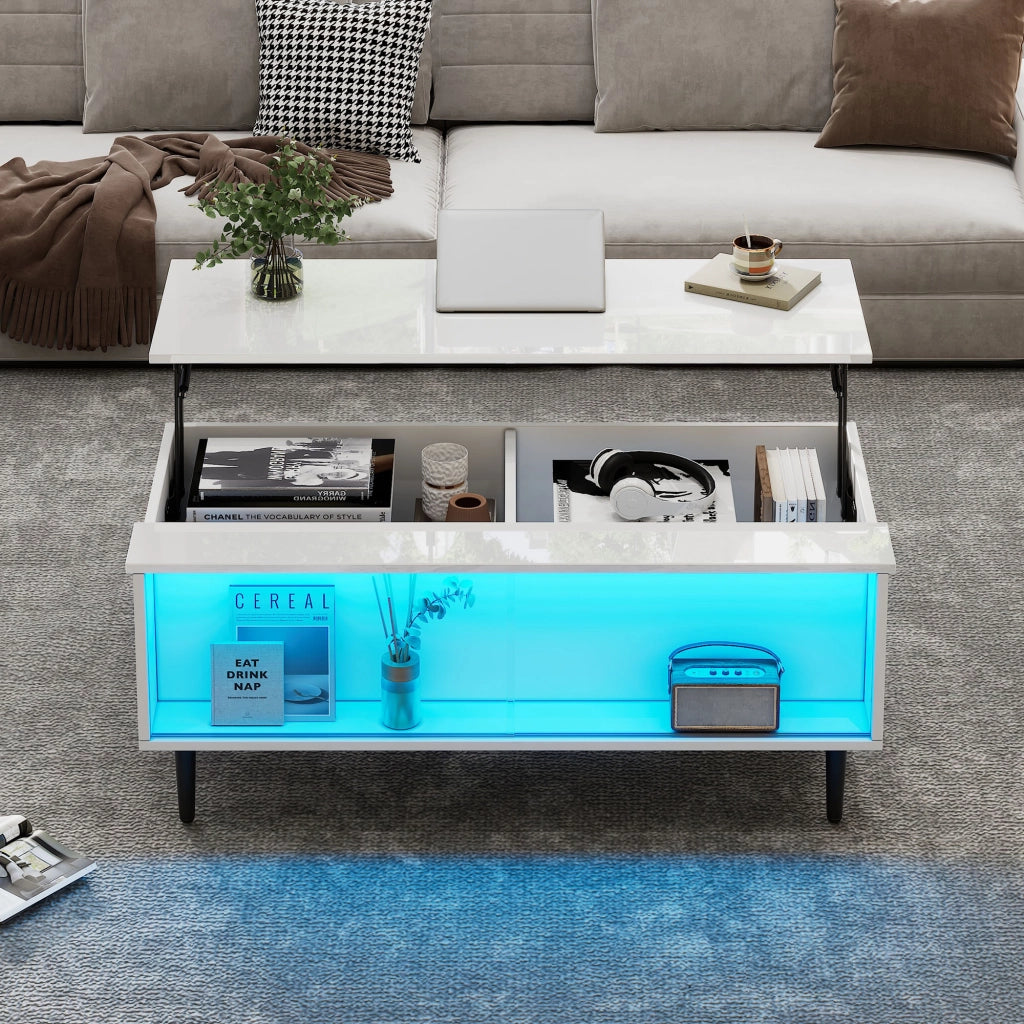 Tavolino da salotto regolabile in altezza 105 x 50 x 43 cm con LED, vani nascosti e ante scorrevoli in vetro temperato, bianco