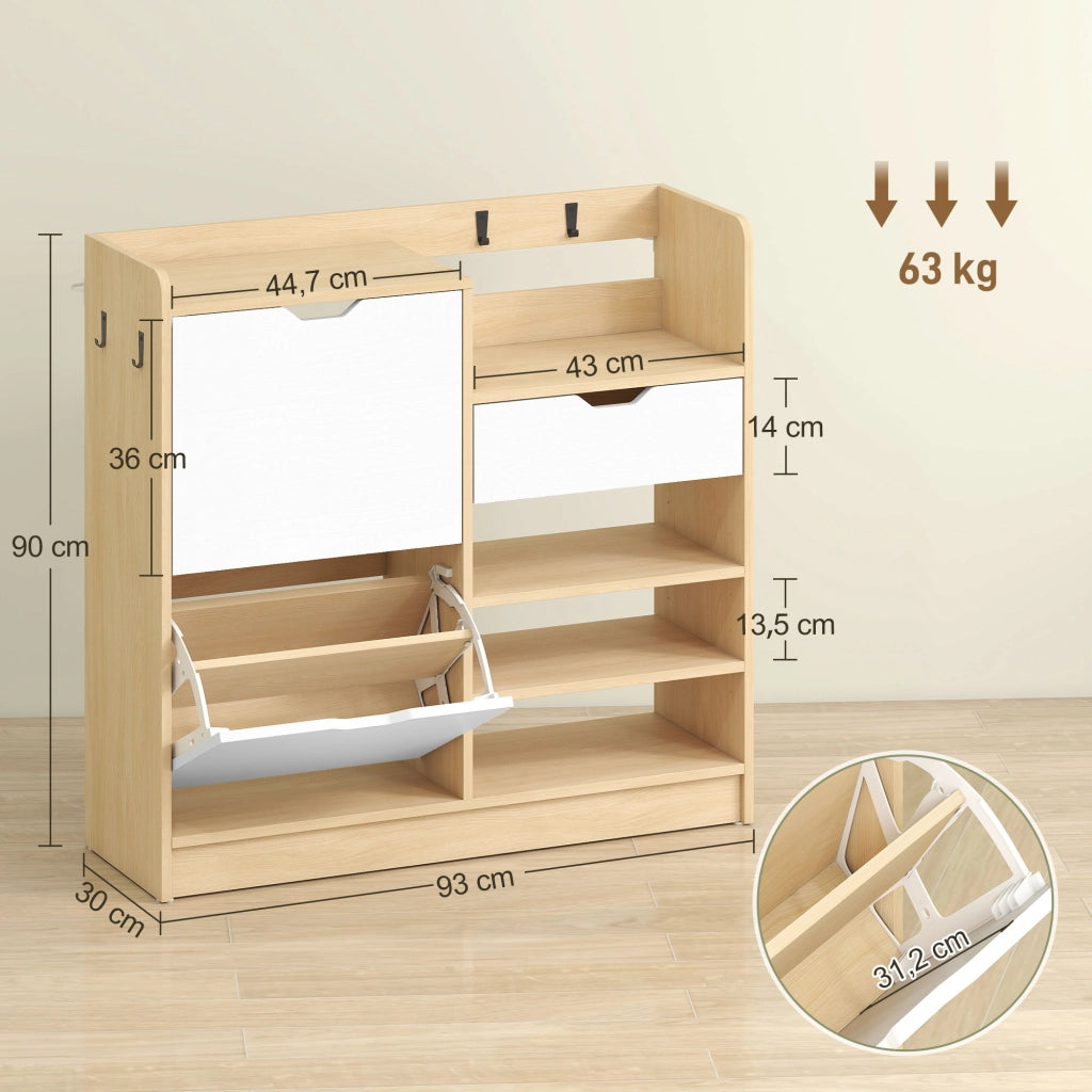 Scarpiera con cassetti e appendiabiti ¨C zephmum ¨C bianco e naturale, 4 ganci per 14 paia di scarpe