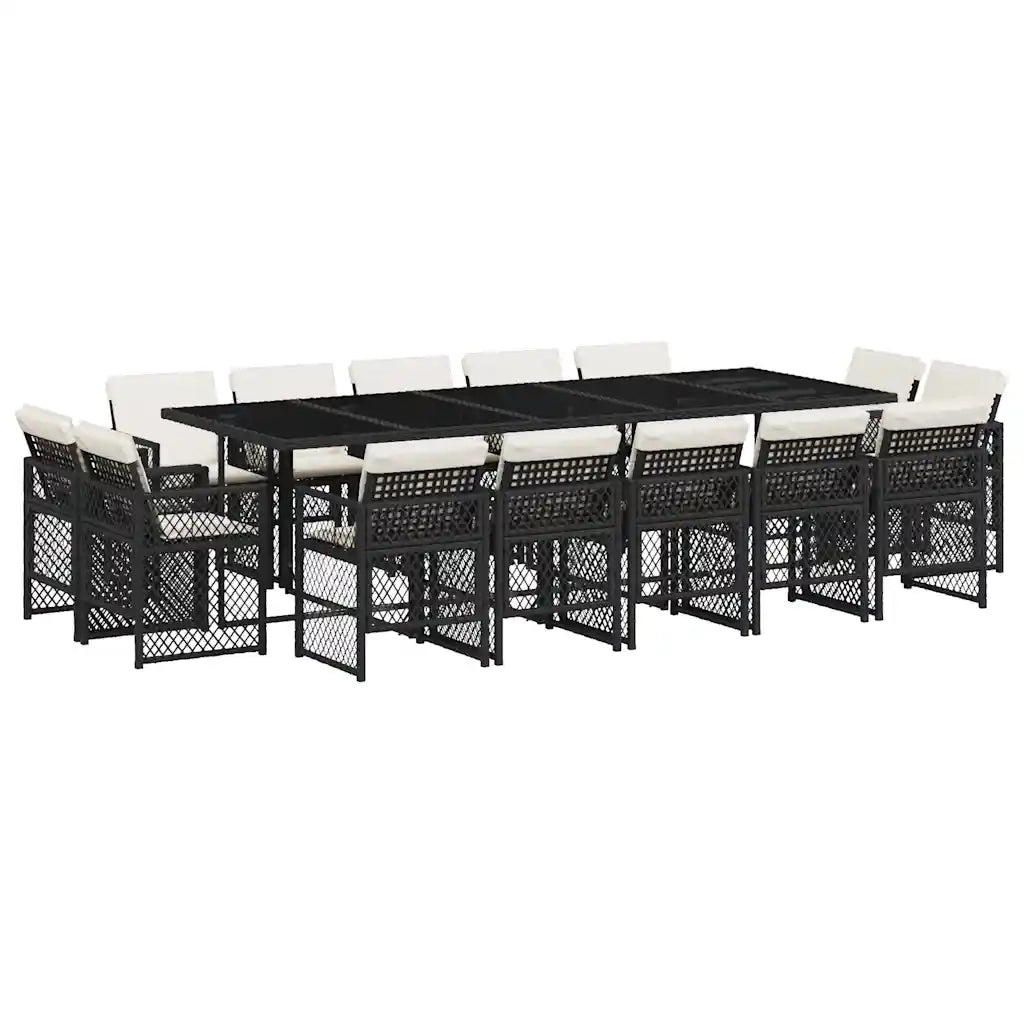 Set da Pranzo da Giardino 15 pz con Cuscini Nero in Polyrattan