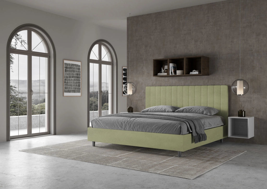 Letto Matrimoniale King Size 200x200 cm con Rete e Contenitore Imbottito in Microfibra Agueda Tè Verde