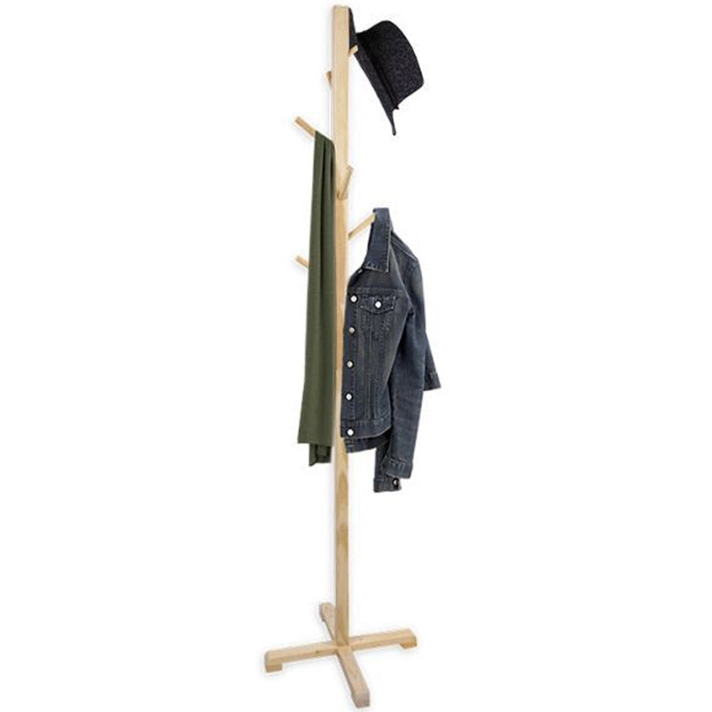 Trade Shop - Attaccapanni Appendiabiti A Piantana Terra In Legno Naturale 6 Ganci 45x45x176cm -