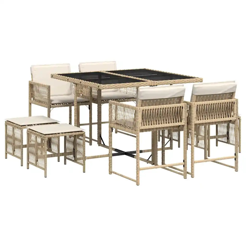 Set da Pranzo da Giardino 9 pz | Set Salotto da Giardino con Cuscini Beige in Polyrattan