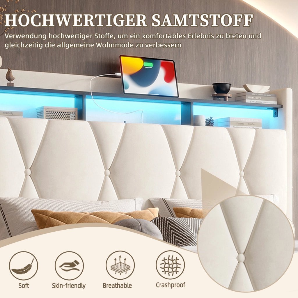 Letto Contenitore 140x200 cm con LED; USB e Type-C; Beige in Velluto
