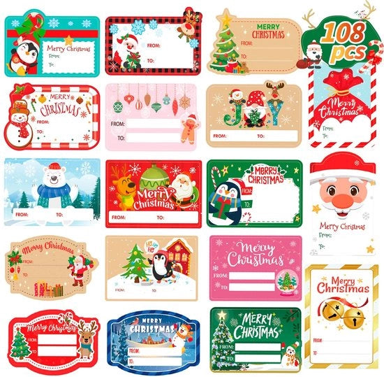 Etichette di Natale 108 pezzi - Etichette di Cartone - Adesivi Self-Adesivi - Etichette di Regalo per Natale - Decorazione di Vacanza - Ideali per Regali