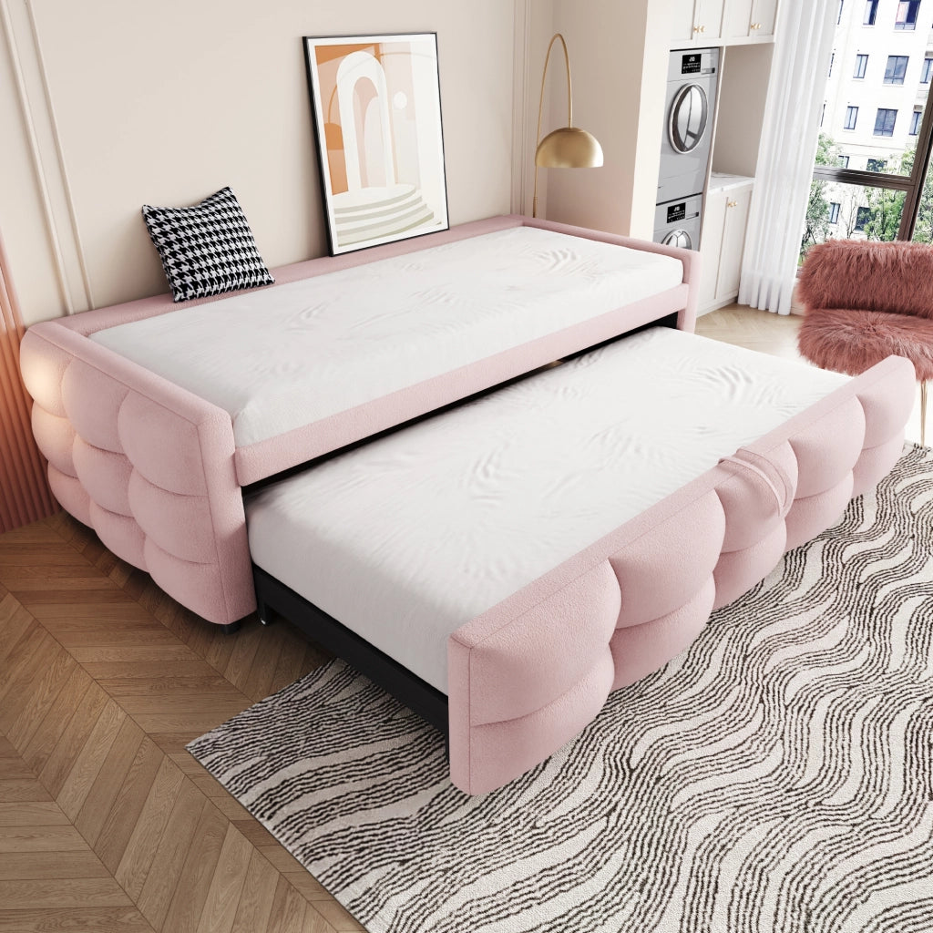 Letto imbottito estraibile singolo e matrimoniale 90/180×190 cm con rete; senza materasso; teddy; rosa