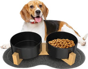Doppio 850ml ciotola per cani in ceramica, ciotola per cani con piatto per cibo elevato in bambù, ciotola per cani con piatto per cibo e acqua antiscivolo per cani di taglia media e grande (nero)