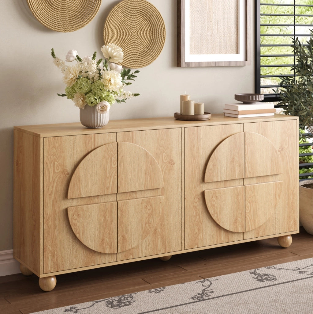 Sideboard a 4 ante con ripiani regolabili; 160x38x76 cm in MDF e pino; naturale