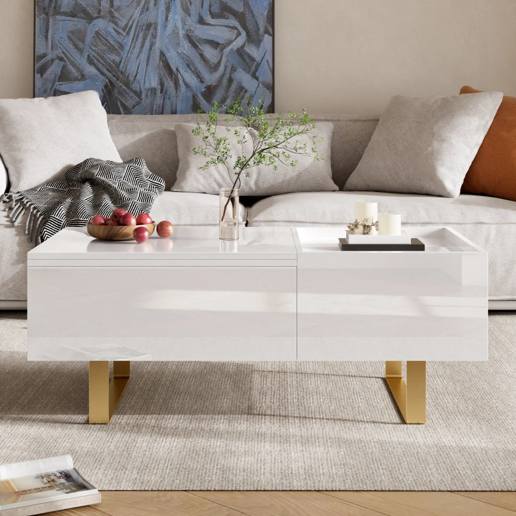 Tavolino basso sollevabile con cassetto e vano contenitore in MDF lucido per soggiorno bianco 100 × 50 × 54,5 cm