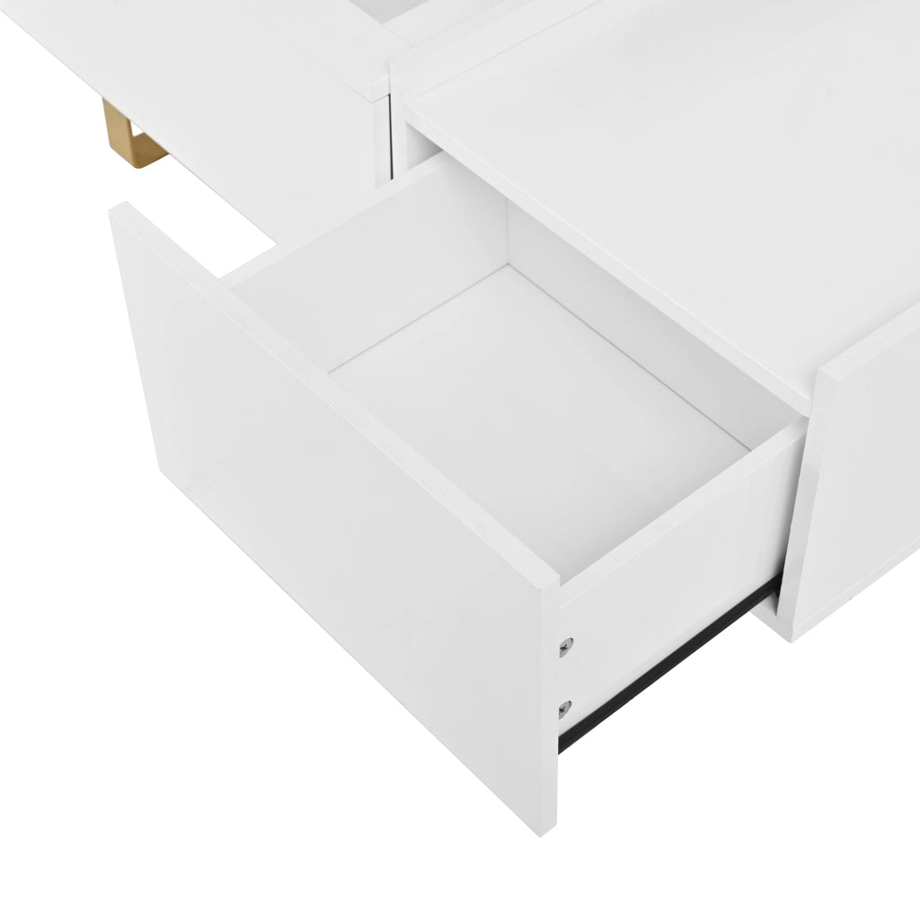 Tavolino basso sollevabile con cassetto e vano contenitore in MDF lucido per soggiorno bianco 100 × 50 × 54,5 cm