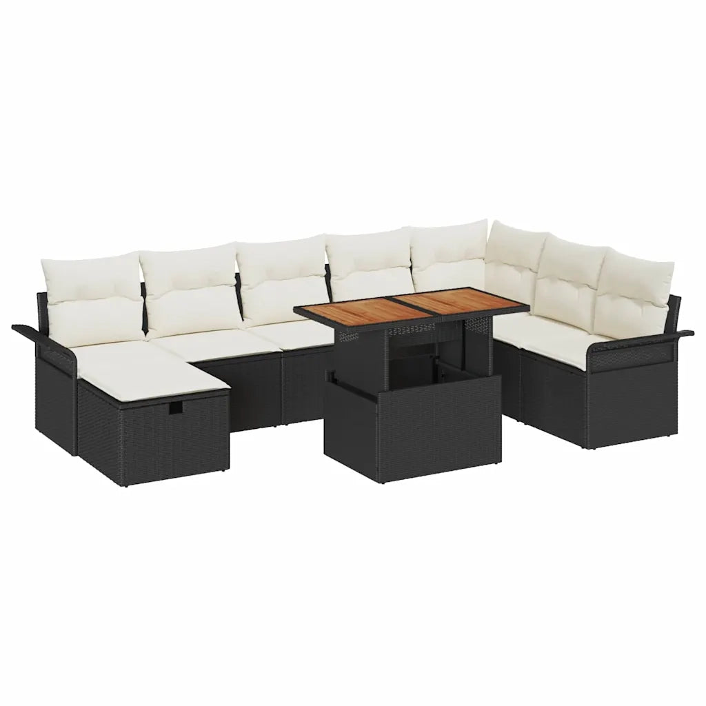Set Divano da Giardino con cuscino 9 pcs Nero polyrattan