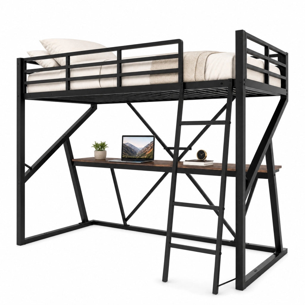 Letto a soppalco per bambini 90x200 cm con scrivania, scala, LED multicolore e ringhiera, nero