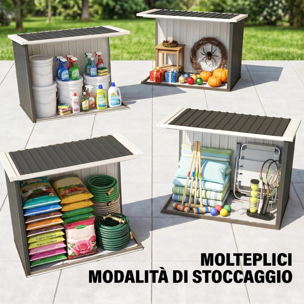Casetta da Giardino in Lamiera di Acciaio con Doppia Porta, 147x86x134 cm, Nero e Bianco